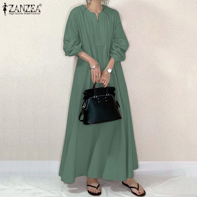 Đầm maxi ZANZEA tay dài cổ chữ V màu trơn phong cách đường phố giản đơn dễ phối đồ dành cho nữ