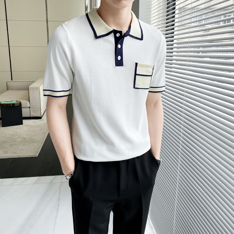 Áo Thun POLO Dệt Kim Tay Ngắn Có Túi Màu Sắc Tương Phản Dành Cho Nam
