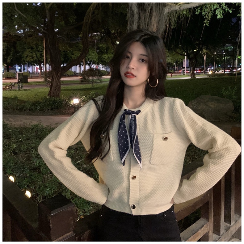 【ZHELIHANGFEI】Áo Cardigan Dệt Kim Tay Dài Dáng Rộng Phối Nơ Phong Cách Retro