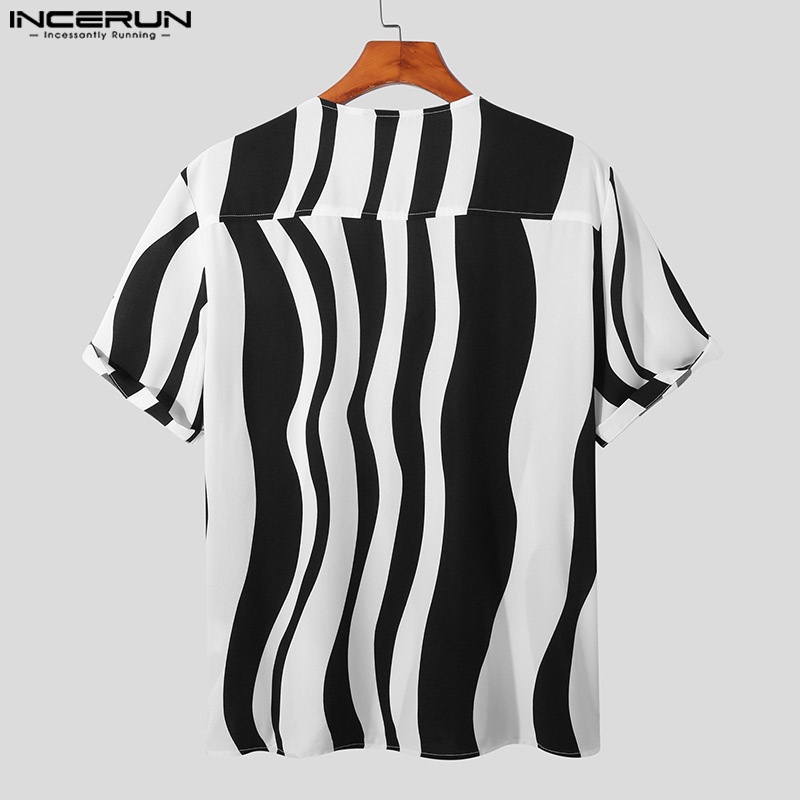 Áo sơ mi INCERUN tay lửng họa tiết kẻ sọc thời trang cho nam