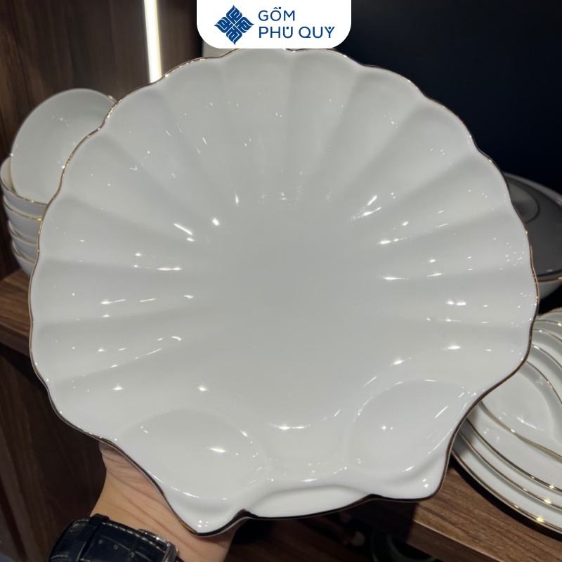 Bộ Bát Đĩa Sứ Bát Tràng, Chén Dĩa Trắng Kẻ Chỉ Vàng Kim Đẹp, Cao Cấp, Bát Ăn Cơm Hh01