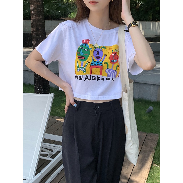 Áo thun lửng nữ Ngắn tay In hình Hoạt hình Graffiti Áo phông thun cộc nữ Cổ tròn Cotton Tay ngắn Ulzzang Hàn Quốc