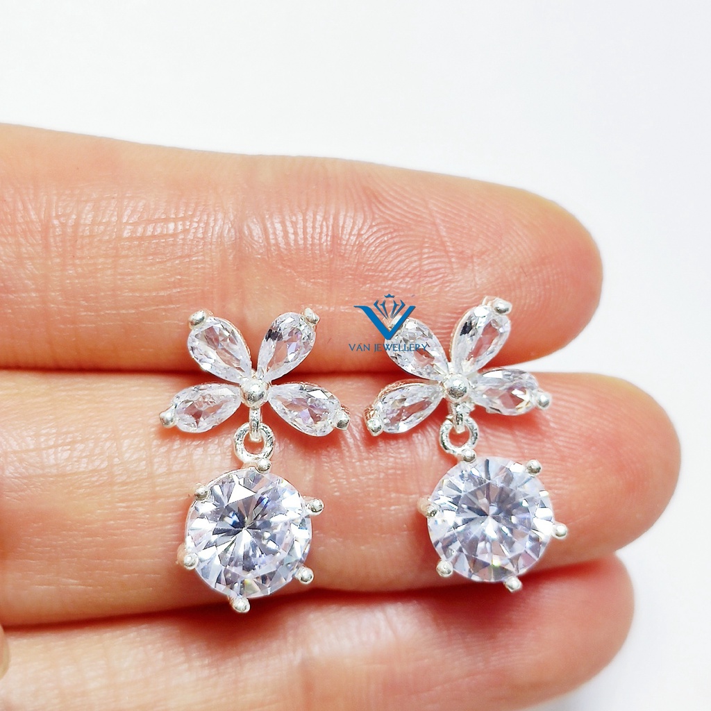 Bông tai bạc Bông Nơ full đá trắng sáng sang chảnh