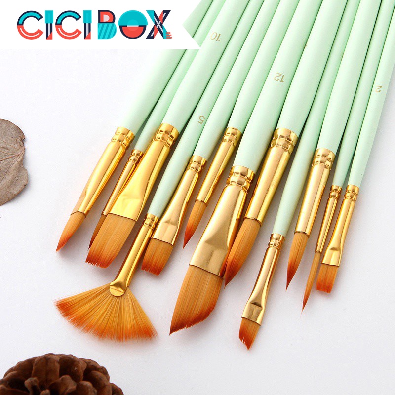 Bộ cọ 12 chiếc vẽ màu nước sơn dầu tranh tường số hoá, Cọ vẽ màu nước chuyên nghiệp tiện dụng CICIBOX