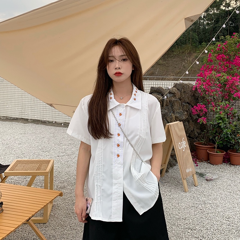 Áo Sơ Mi Ngắn Tay Thêu Hoa Thời Trang Hàn Quốc Cho Nữ