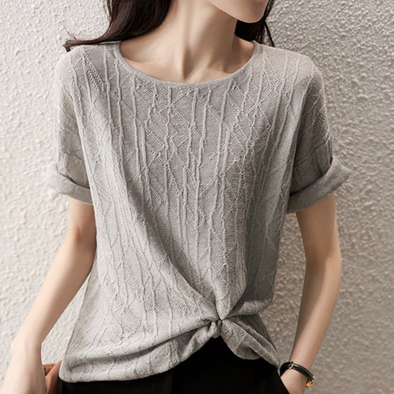 Áo Thun Dệt Kim Ngắn Tay Thời Trang Cho Nữ 153217 Áo Kiểu Cổ Tròn Vải Jacquard Mỏng Thời Trang Mùa Hè Năng Động
