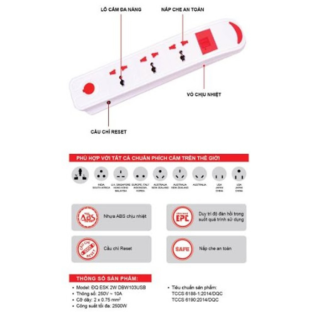 Ổ cắm Điện Quang ĐQ ESK 5W DBW103USB ( kiểu tàu siêu tốc ,3 lỗ 3 chấu, 2 USB, dây dài 5m)