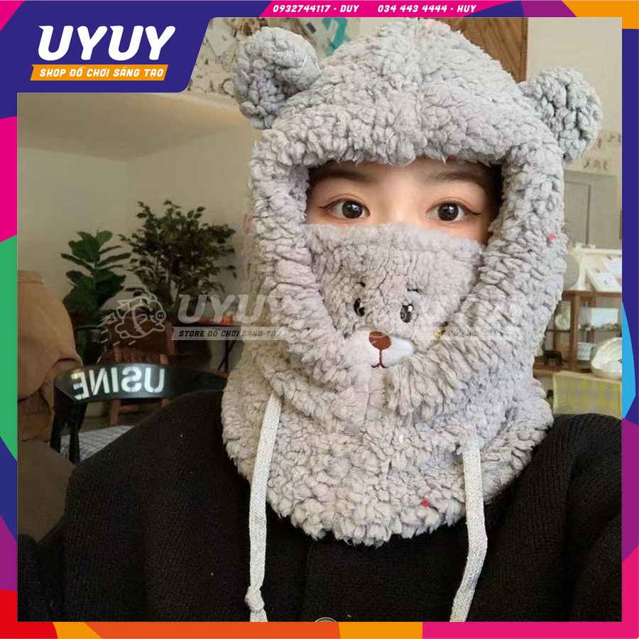 Mũ Lông Hình Gấu Bear Dễ Thương Trùm Đầu Kết Hợp Khẩu Trang