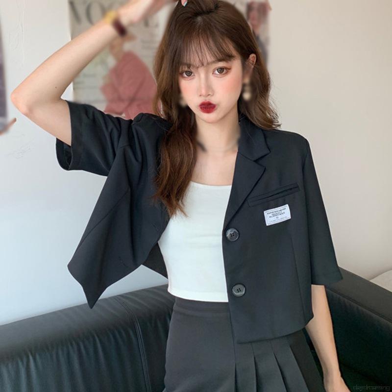 Áo Khoác Vest Tay Ngắn In Chữ Phối Hàng Nút Kiểu Hàn Quốc Xinh Xắn Cho Nữ