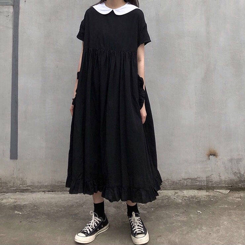 ▧♝♚Váy mới mùa hè cho nữ sinh Phiên bản Hàn Quốc của búp bê cổ áo rời cổ áo màu xanh nước biển chống nhăn váy dài qua đầ