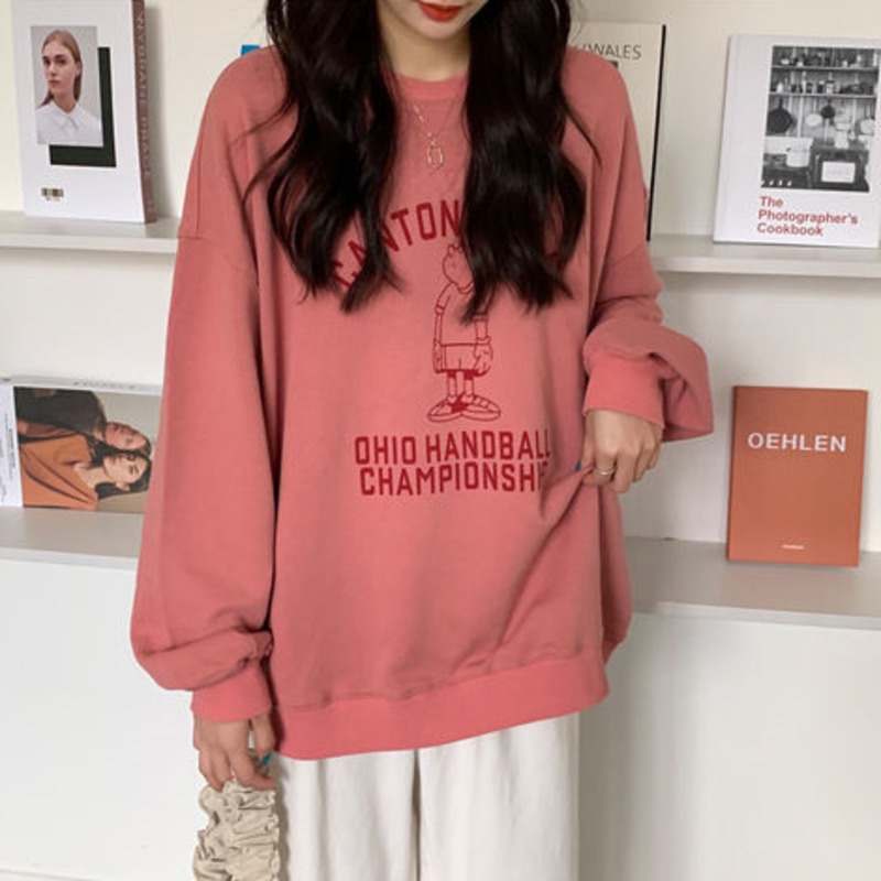 Áo Thun Nỉ Tay Dài Dáng Rộng In Họa Tiết Thời Trang Cho Nữ