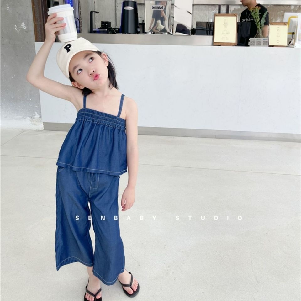 Set Áo Hai Dây + Quần Denim Ống Rộng Thời Trang Mùa Hè Cho Bé Gái