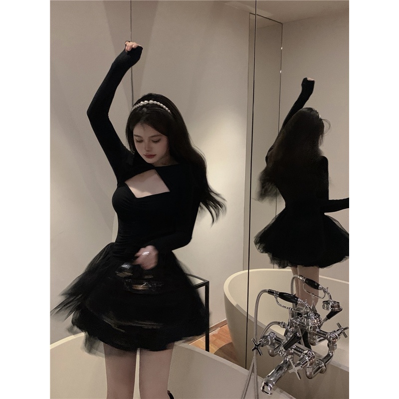 Đầm nữ dài tay thiết kế hở ngực phong cách gợi cảm khí chất hàng Quảng Châu mới váy ngắn ngọt ngào