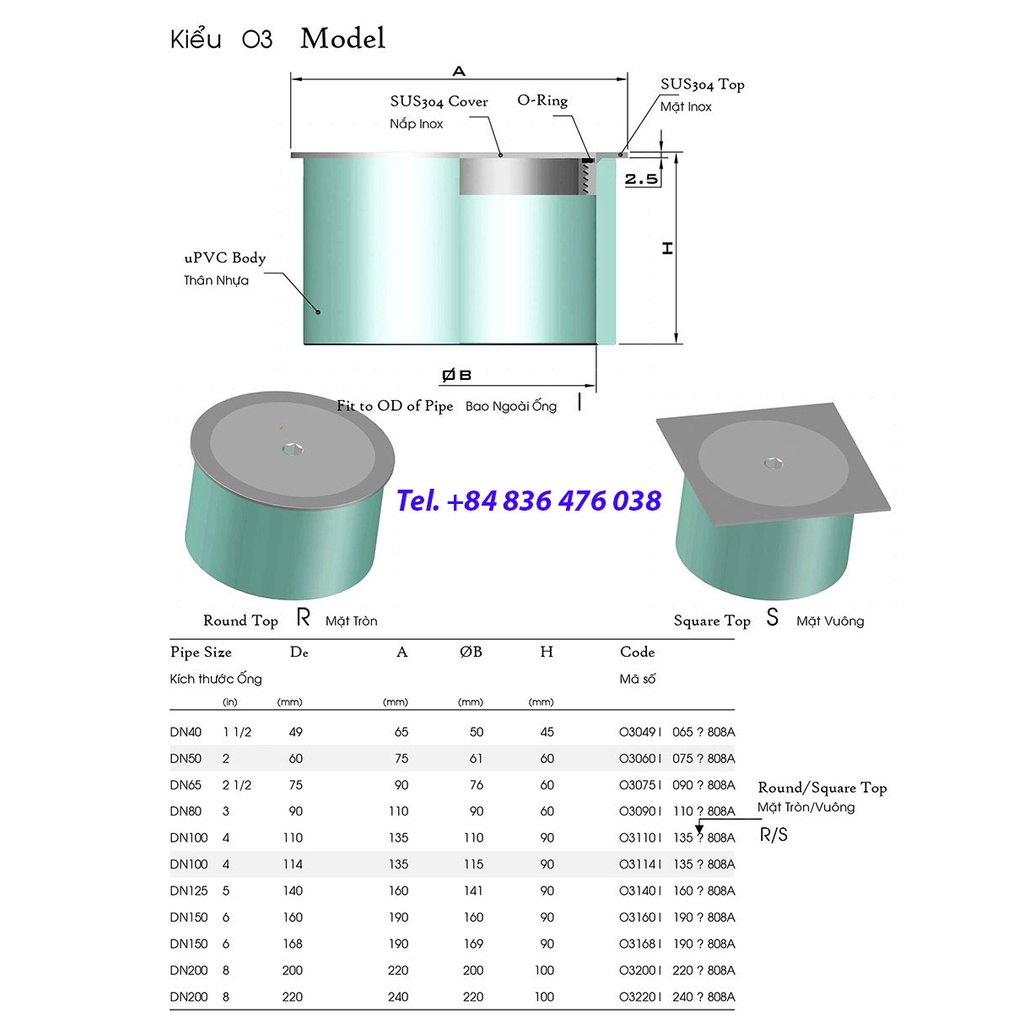 Thông tắc, thông nghẹt đường ống thoát nước bằng nhựa uPVC+ inox sus304, mặt tròn