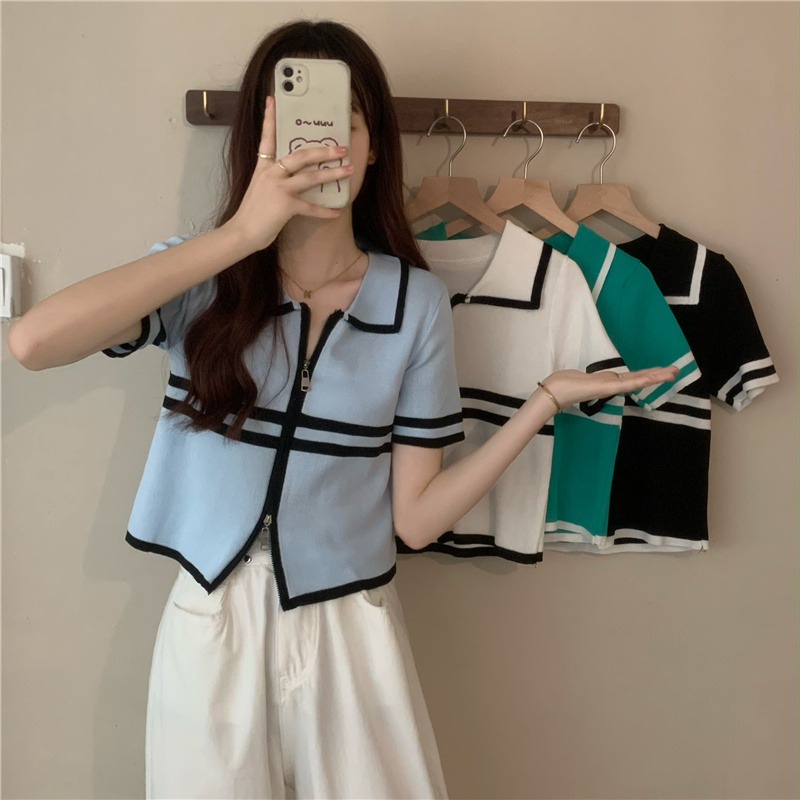 Áo thun ZHELIHANGFEI polo dệt kim ngắn tay phối khóa kéo thời trang