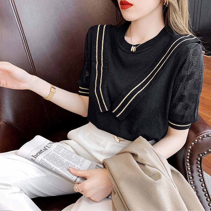 Áo kiểu ZHELIHANGFEI tay ngắn vải lụa thoáng mát phong cách mùa hè thời trang cho nữ