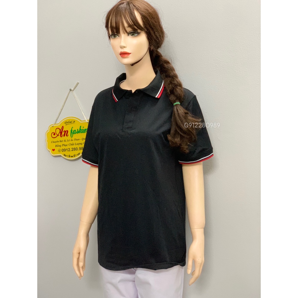 Áo thun có cổ màu đen viền đỏ vải poly Thái cao cấp cho nam nữ _ Hình chụp thật