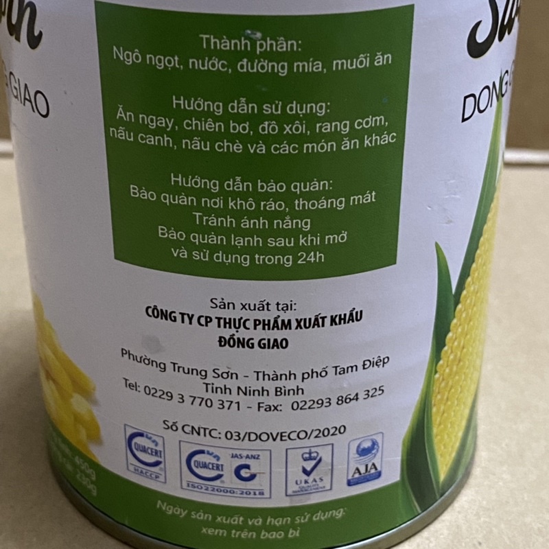 [450 g]Lon Ngô Nguyên Hạt Sweet Corn Doveco