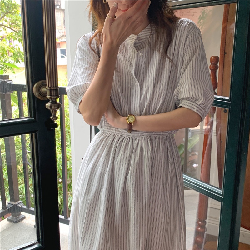 Đầm dài ngắn tay họa tiết kẻ sọc thời trang Hàn Quốc mùa hè mới thanh lịch 44715