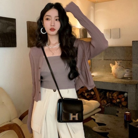 Áo cardigan ZHELIHANGFEI dệt kim cổ chữ V tay dài eo cao thời trang