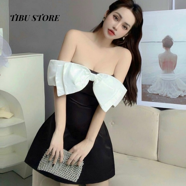 Đầm trễ vai ullzzang TIBU, Váy trễ vai nơ ngực chất tafta dự tiệc đi chơi siêu xinh