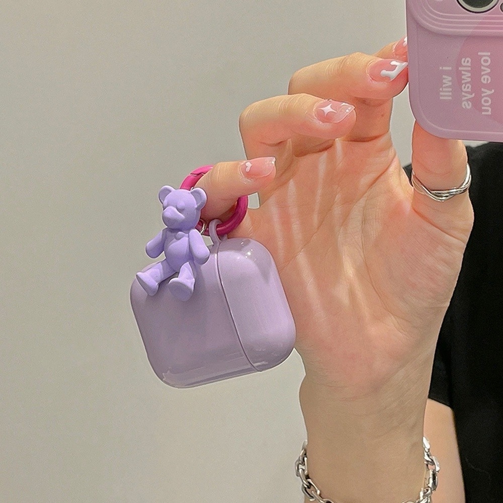 Vỏ Bảo Vệ Hộp Sạc Tai nghe không dây Airpods 1 / 2 / 3 / pro / Pro2 Hình Gấu 3d Màu Tím / Vàng Kèm Móc Treo