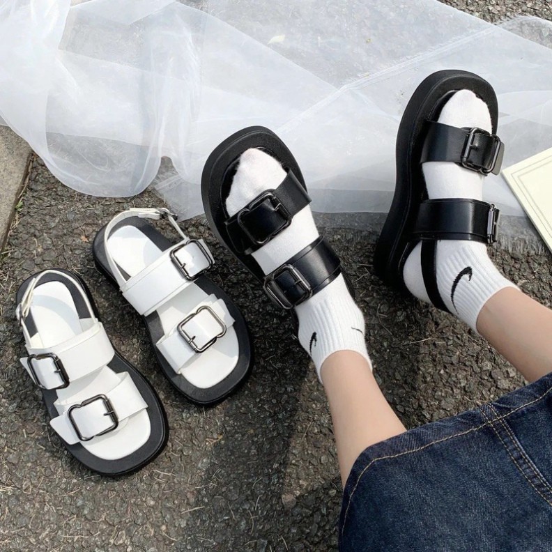 dép sandal 2 màu đen trắng ĐẾ BÁNH MỲ HAI QUAI - CÓ SẴN HÀNG