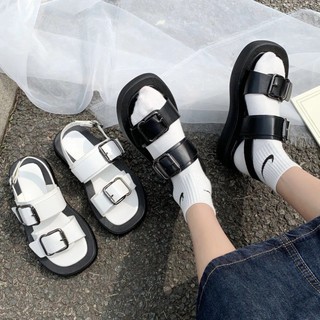 Dép sandal 2 màu đen trắng đế bánh mỳ hai quai - có sẵn hàng