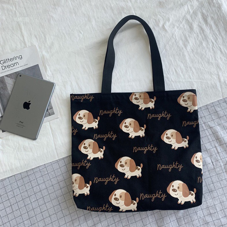 Túi tote vải canvas cao cấp đeo vai Cún Con Naughty khổ vuông cute