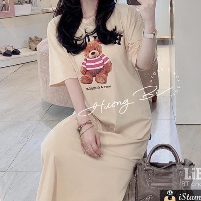 Đầm thun dáng dài,váy suông cổ tròn chất cotton in gấu helo xinh xắn- Đầm ngủ hoạ tiết bé gấu freesize tay ngắn