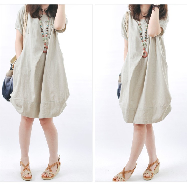 FREESHIP ĐƠN 99K_ Đầm Cotton Lanh Ngắn Tay Dáng Rộng Cho Mẹ Bầu