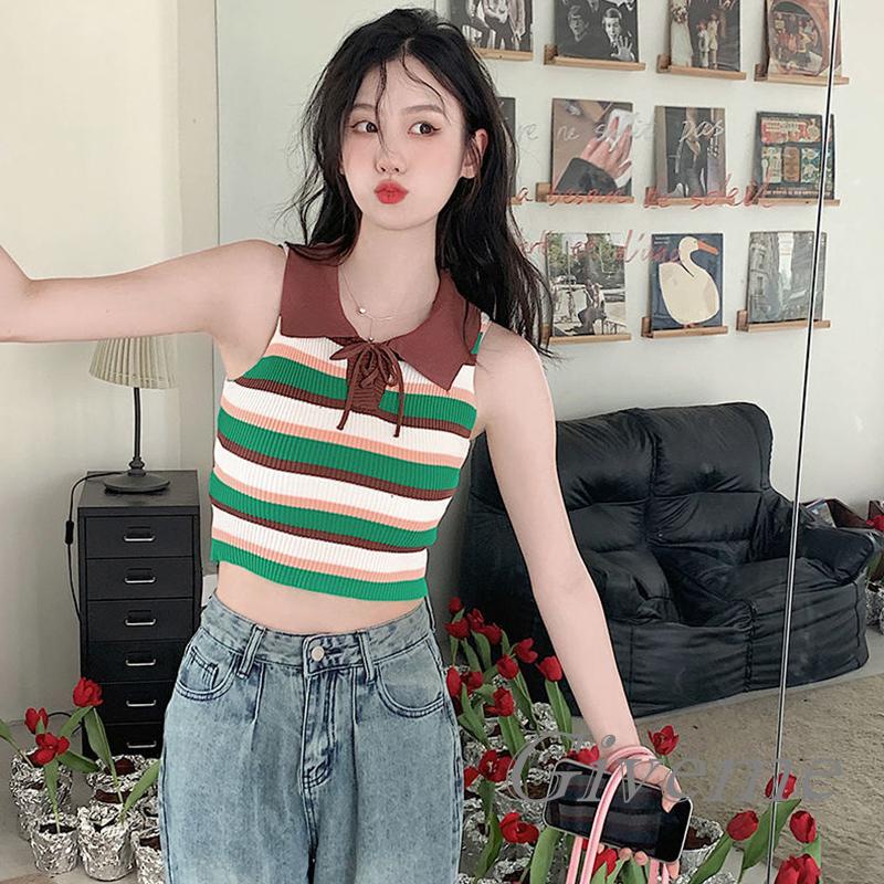 Áo Lửng Hai Dây Dệt Kim Họa Tiết Kẻ Sọc Nhiều Màu Sắc Thời Trang Mùa Hè Cho Nữ