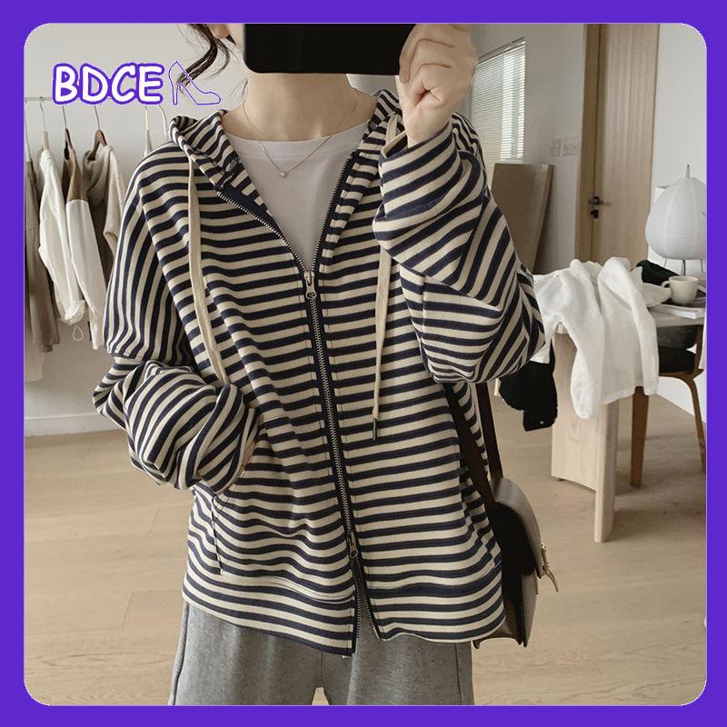 Áo Khoác Hoodie Dáng Rộng Kẻ Sọc Thời Trang Mùa Thu Cho Nữ Có Size Lớn