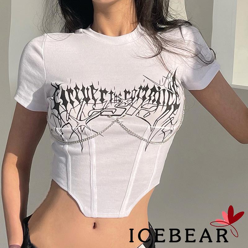 Áo Thun Crop Top Tay Ngắn Cổ Tròn Ôm Dáng In Chữ Cá Tính Cho Nữ