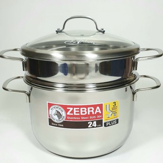 Bộ nồi xửng hấp Zebra Thái Lan 24cm-6.2L-3 đáy-163640, nắp kính, Inox 304. Lồng hấp cao 10cm