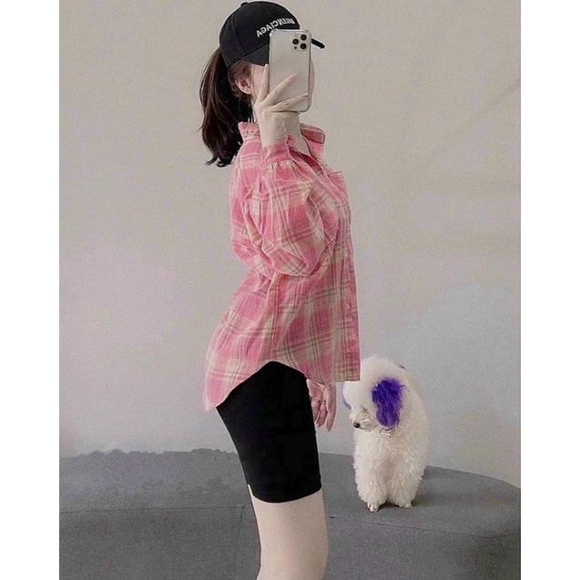 Áo sơmi đũi kẻ hồng tay phồng from rộng thoải mát dễ phối đồ alohashop91