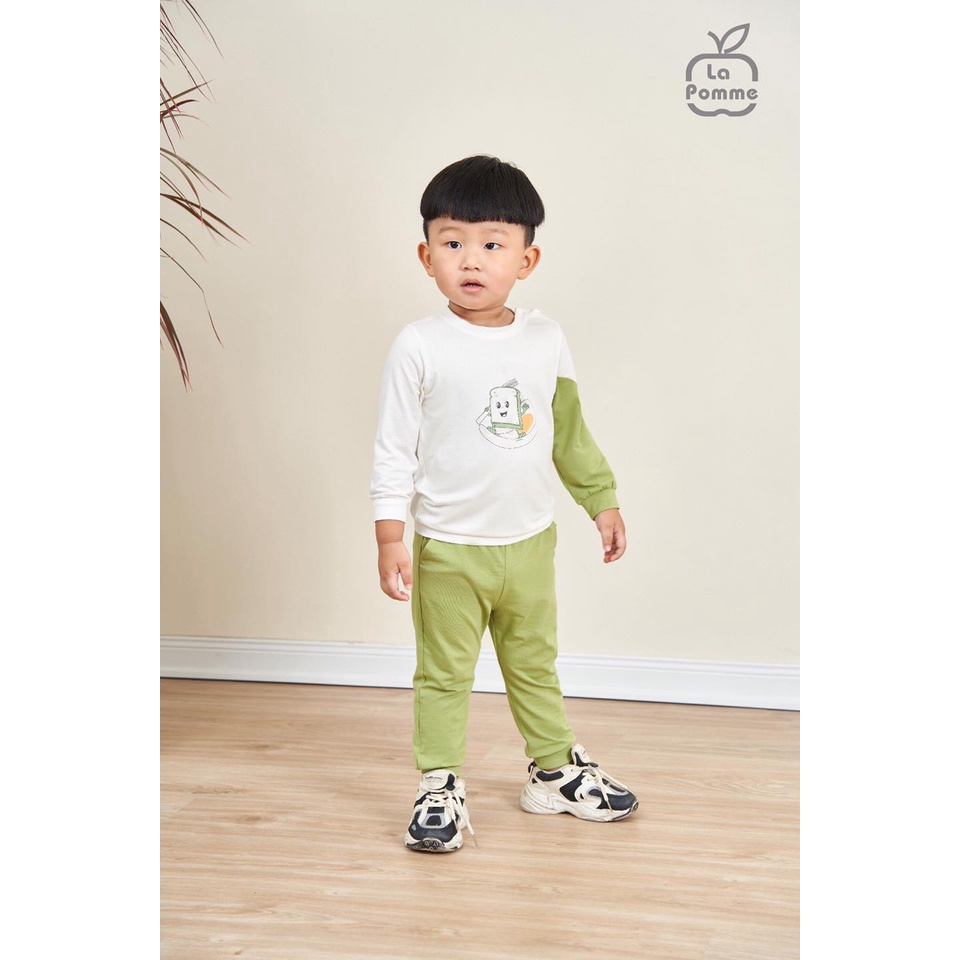 Bộ dài tay La Pomme Bamboo cao cấp mềm mịn thoáng mát thấm hút tốt in bánh mì ốp la tay phối cho bé trai bé gái 13036