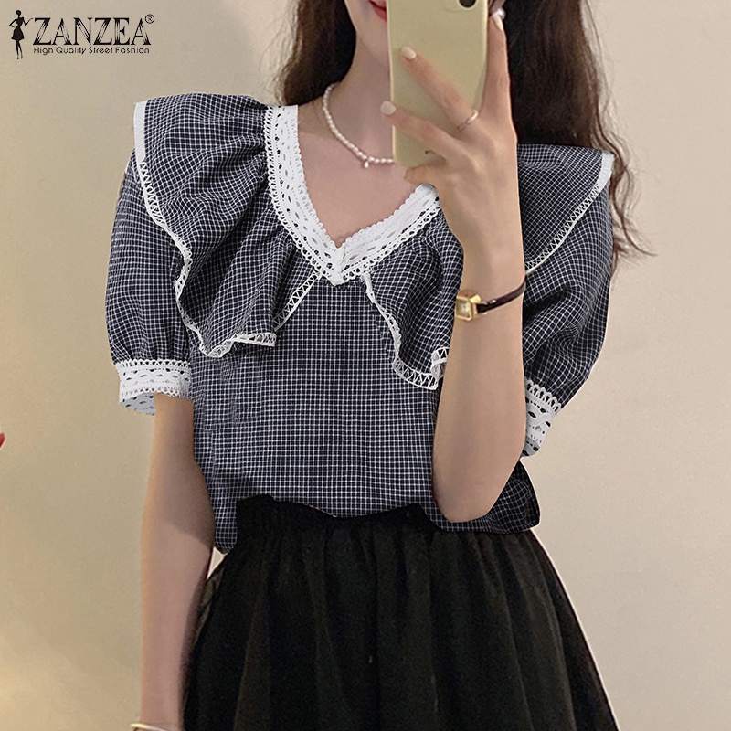Áo sơ mi ZANZEA tay ngắn viền bèo họa tiết caro thời trang Hàn Quốc cho nữ