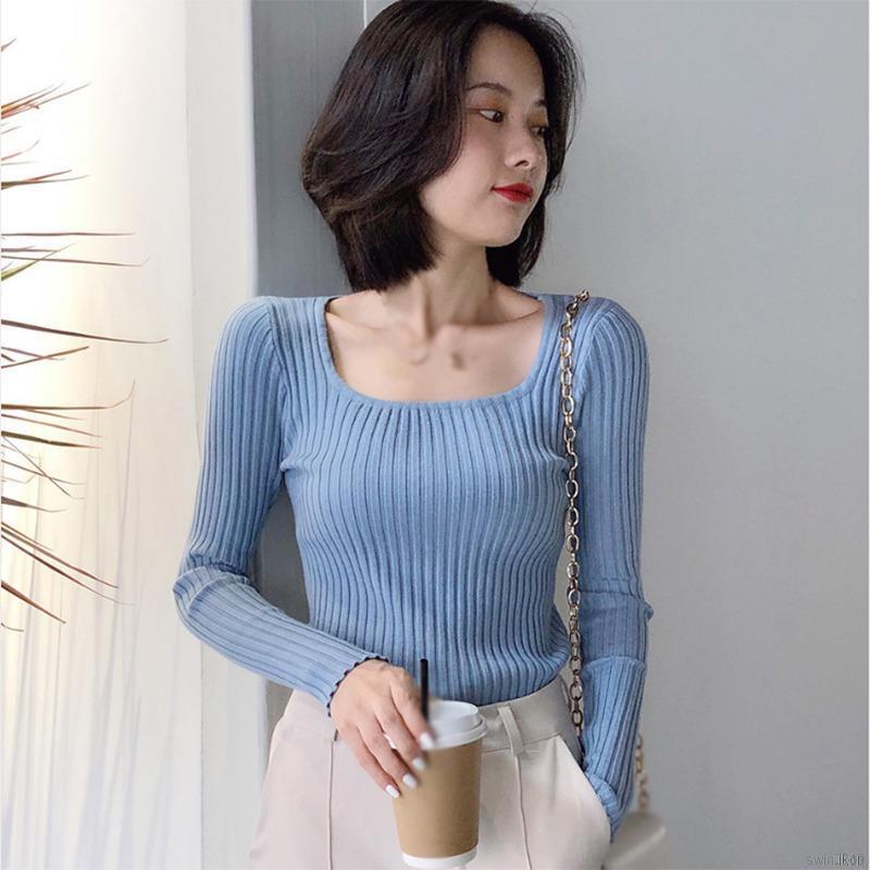 Áo dệt kim tay dài cổ vuông màu trơn kiểu dáng thời trang phong cách Hàn Quốc