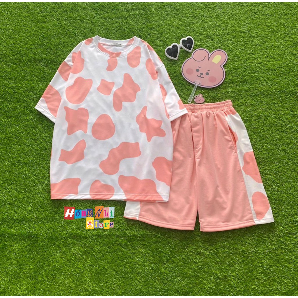 Set Bộ Con Bò Thun Tay Lỡ Tie Tee Phối Quần Cartoon Đùi Ulzzang Unisex Dáng Rộng - MM