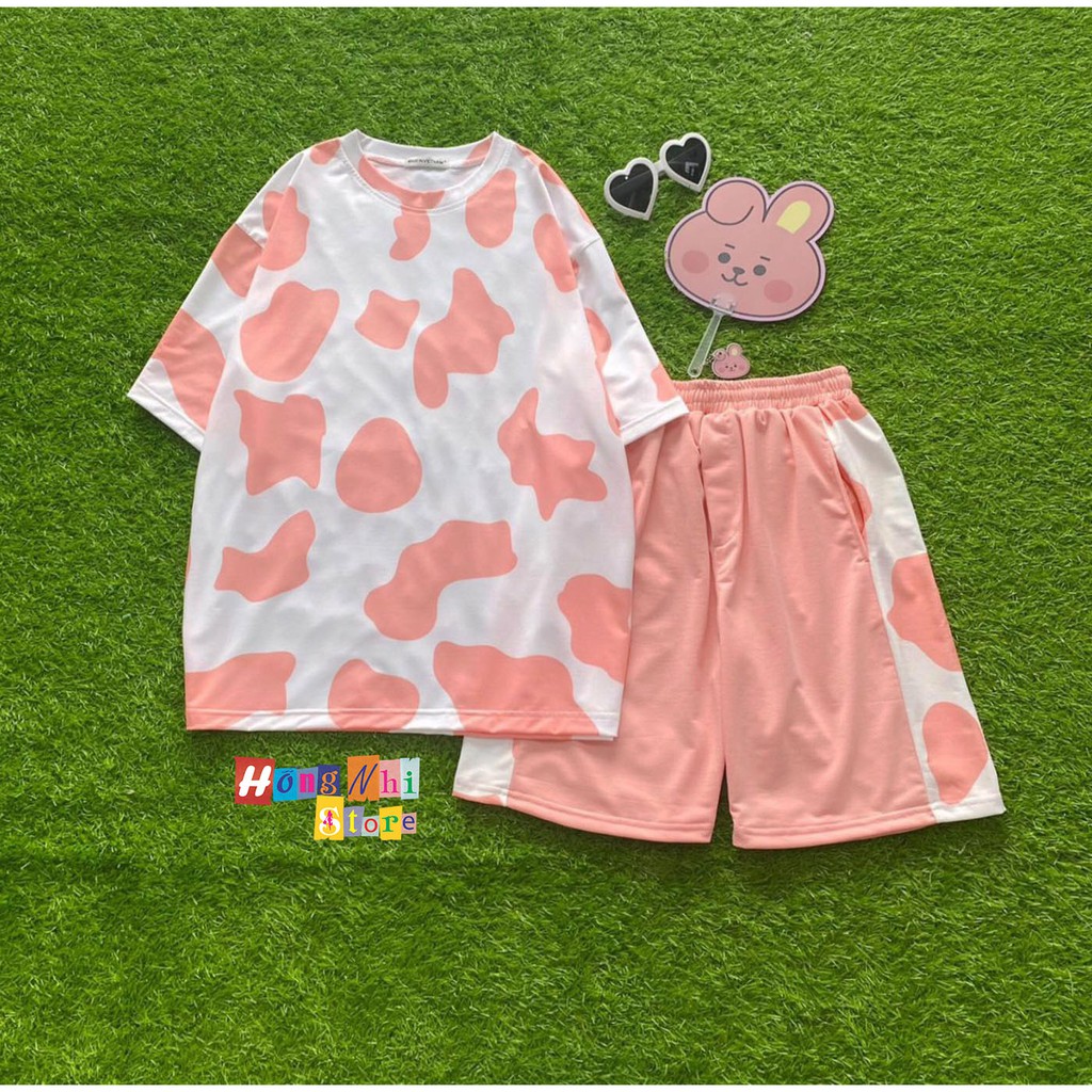 Set Bộ Con Bò Thun Tay Lửng Tie Tee Phối Quần Cartoon Đùi Ulzzang Unisex Dáng Rộng - MM