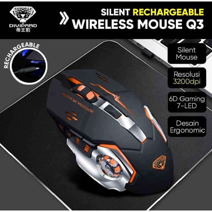 Chuột không dây chuyên game Divipard Q3 Silent Led màu dùng pin sạc