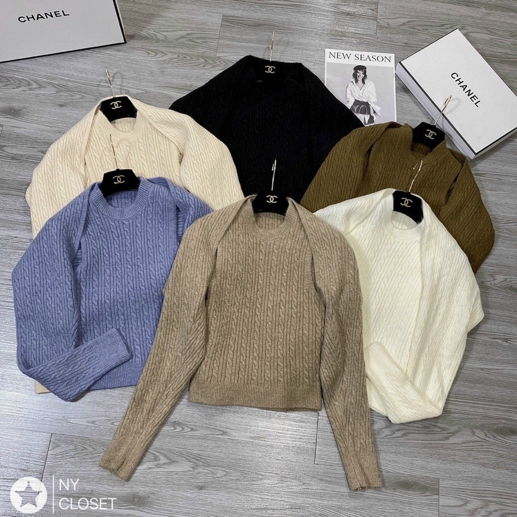 Sét len nữ quảng châu, áo len ba lổ kèm áo khoác cadigan chất len vặn thừng dày dặn dễ mặc dễ mix đồ hàng quảng châu xịn | BigBuy360 - bigbuy360.vn