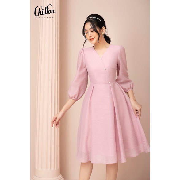 Váy đầm xinh Chiffon_Váy tơ xòe cổ tim đính ngọc