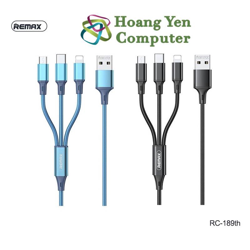 [MẪU MỚI] Cáp Sạc 3 Đầu Remax RC-189TH (IPTablet - MICRO USB - TYPE C) Dây Dù 1.2M - Hoàng Yến Computer