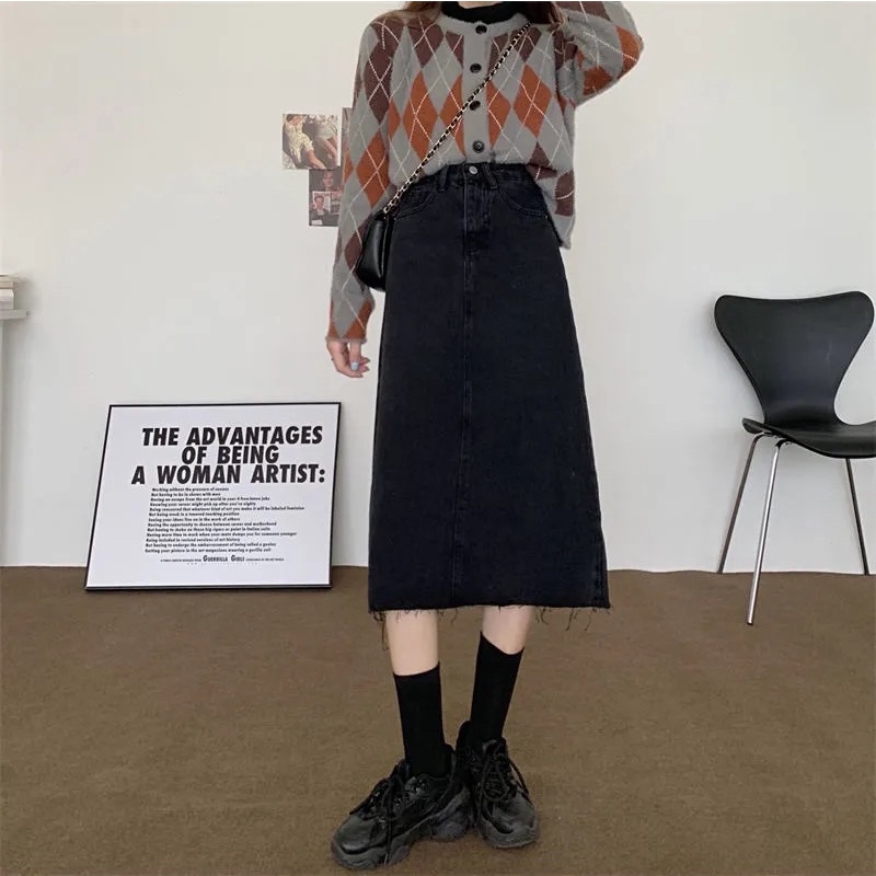 Chân Váy Jean Nữ Màu Đen Dáng Suông Chữ A Basic Phong Cách Vintage Ulzzang Hàn Quốc Chất Loại 1 Mềm Tay Rách Gấu
