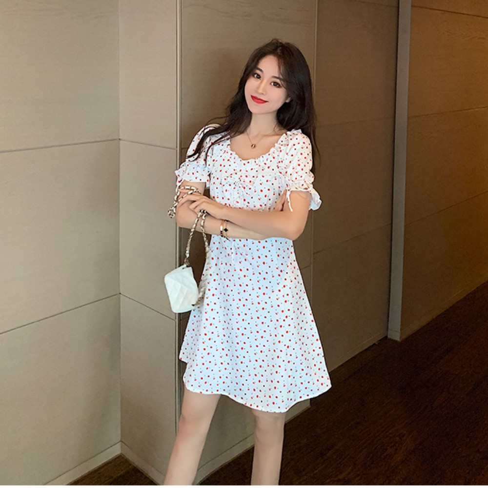 Váy nữ , đầm nữ họa tiết chấm bi , cổ bánh bèo , tay áo bồng thắt nơ váy đẹp chất UMI mềm nhẹ tôn dáng ATILA SHOP. | BigBuy360 - bigbuy360.vn