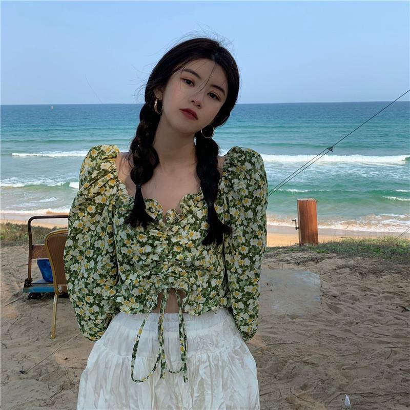 IELGY Áo Kiểu Tay Dài Cổ Chữ v In Họa Tiết Hoa Phong Cách Cổ Điển Dành Cho Nữ