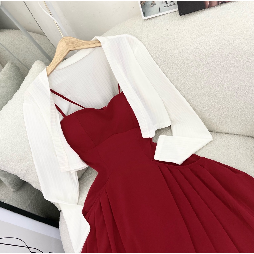 SET ĐẦM MIDI 2 DÂY ĐỎ TÚI 2 BÊN + ÁO KHOÁC TRẮNG