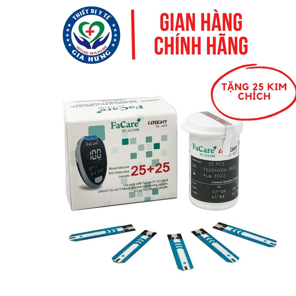Hộp 25 Que thử đường huyết dành cho máy Facare FC-G168 + Tặng 25 Kim chích máu